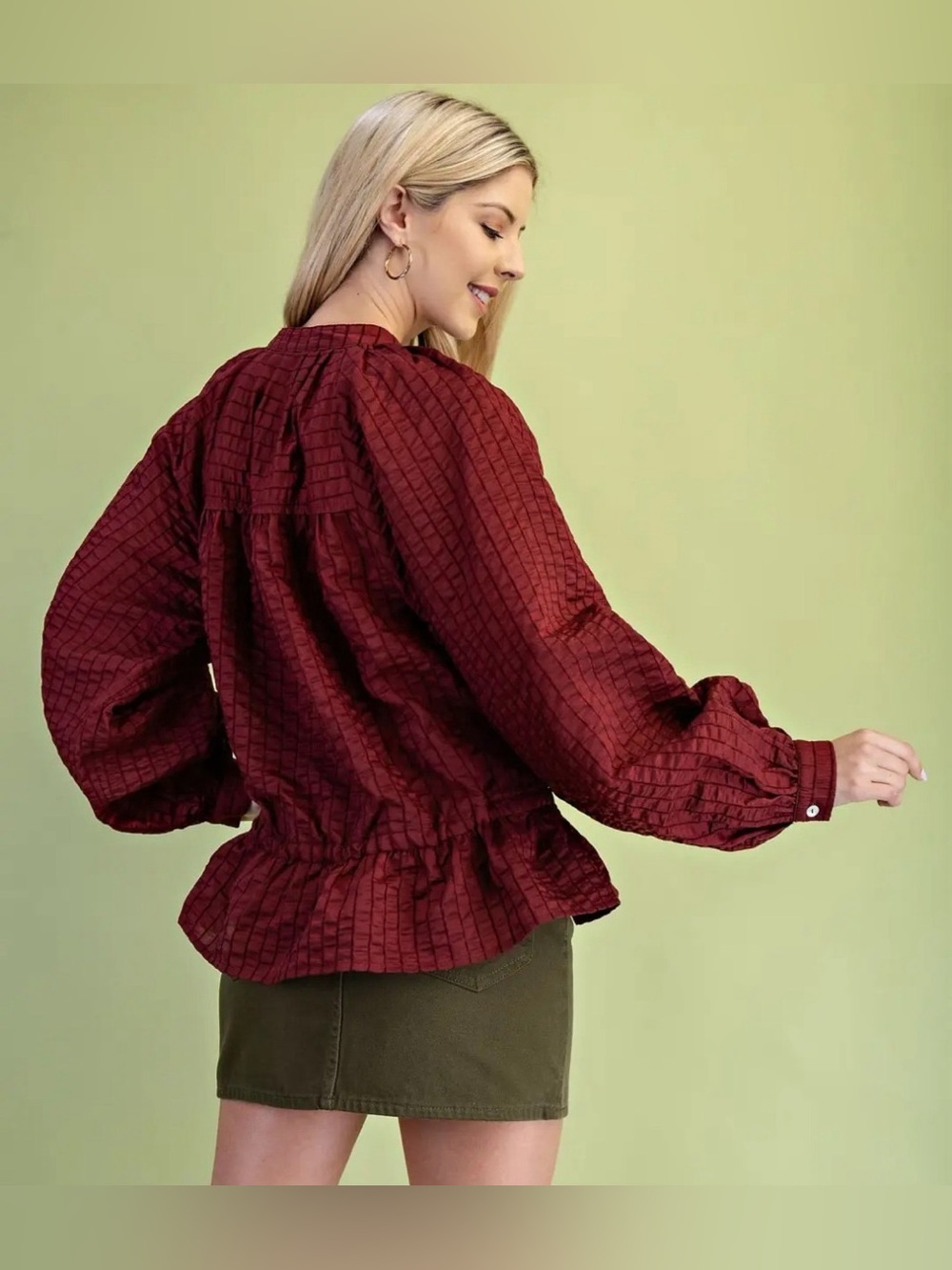 GIGIO Wine Textured Drawstring Peplum Blouse - Picture 5 of 5